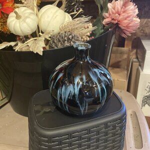 Vintage Huronia Pottery Bud Bulb Vase Black With Blue Reflow Flame Glaze